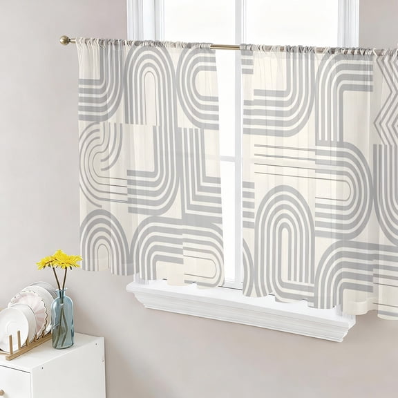 Boho Geometric Sheer Curtains 45 Inch Length 2 Panels Set, Abstract Grey Stripes Curved Lines Modern Voile Window Treatment Rod Pocket Small Kitchen Curtains Drapes for Bedroom 52"x45"x2