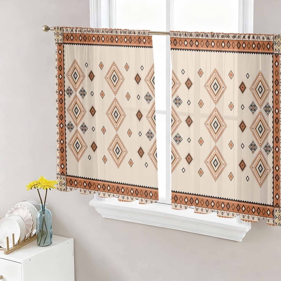 Boho Geometric Sheer Curtains 54 Inch Length 2 Panels Set, Country Ethnic Nation Abstract Motifs Voile Window Treatment Rod Pocket Short Kitchen Curtains Drapes for Bedroom 52"x54"x2