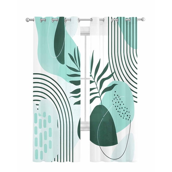 Boho Geometric Sheer Curtains 84 Inch Length 2 Panels Set for Living Room/Bedroom, Aqua Ethnic Abstract Stripes Leaves Kitchen Curtains Grommet Semi-Sheer Curtains Drapes Window Treatments 52"x84"x2