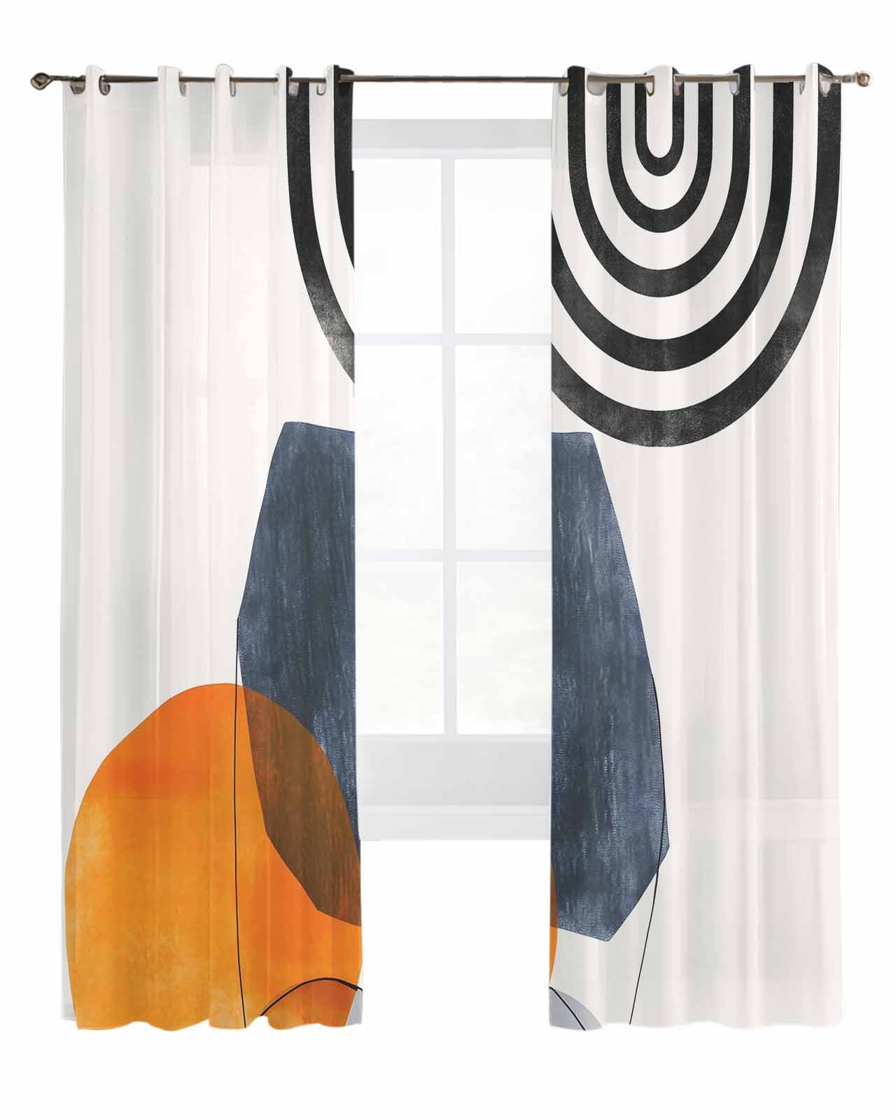 Boho Geometric Sheer Curtains 96 Inch Length 2 Panels Navy Blue