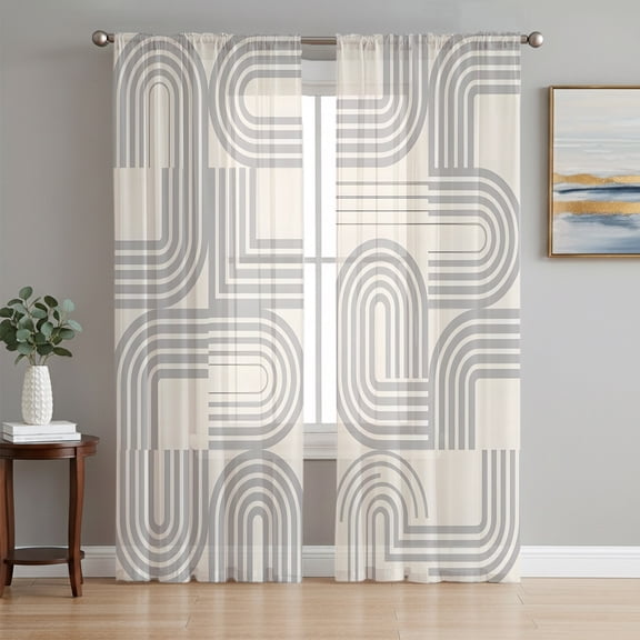 Boho Geometric Sheer Curtains for Living Room Bedroom Abstract Grey Stripes Curved Lines Modern Sheer Curtains 63 Inch Long 2 Panels Set Light Filtering Curtain Window Treatments Dining Room Drapes