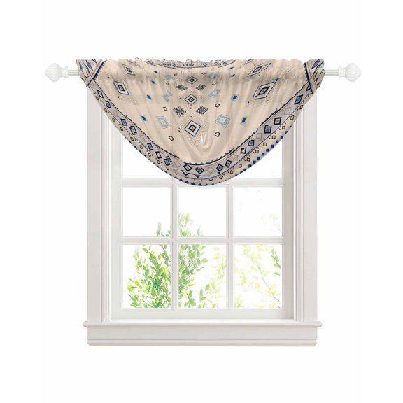 Boho Geometric Sheer Waterfall Valance Curtains for Window, Retro Rustic Chic Ethnic Abstract Patterned Rod Pocket Sheer Topper Swag Curtains for Living Room, Kitchen 38.5"W x 47.2"L, 1 Panel