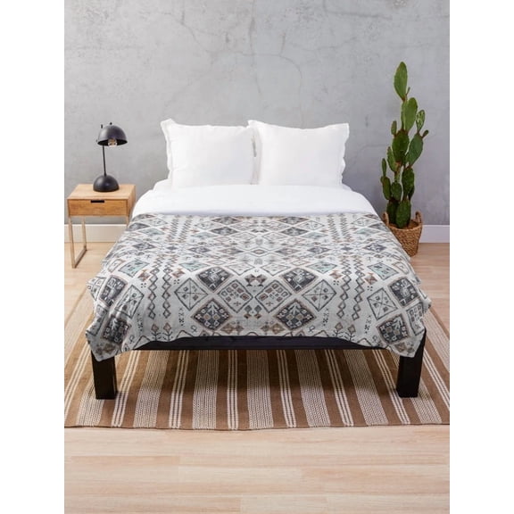 Boho Geometric Sherpa Throw Blanket, Polyester Fleece 2-Layer Blanket, Gray Moroccan Pattern, Multiple Sizes