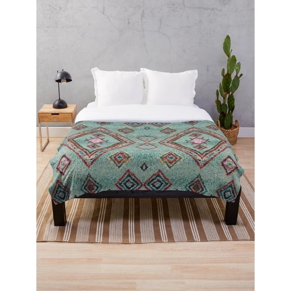 Boho Geometric Sherpa Throw Blanket, Polyester Fleece 2-Layer Blanket, Turquoise Moroccan Pattern, Multiple Sizes