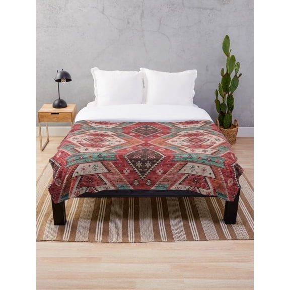 Boho Geometric Sherpa Throw Blanket, Polyester Fleece & Sherpa, Red Teal Moroccan Pattern, Multiple Sizes