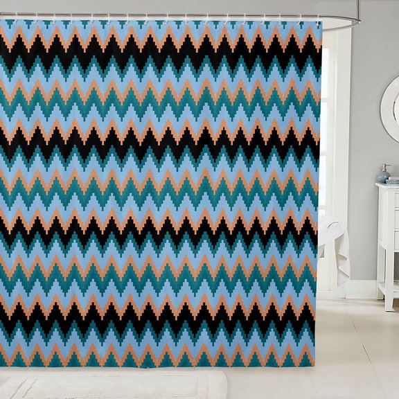 Boho Geometric Shower Curtain Aztek Tribal Pattern Fabric Bath Curtain with Hooks for Bathroom 71x71 Inches Blue Black Orange