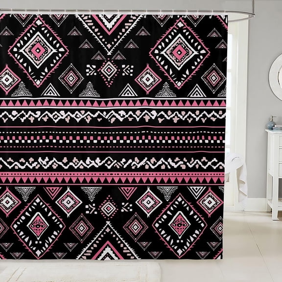 Boho Geometric Shower Curtain Black And Pink Aztec Tribal Pattern Fabric Bathroom Decor 71x71 inches