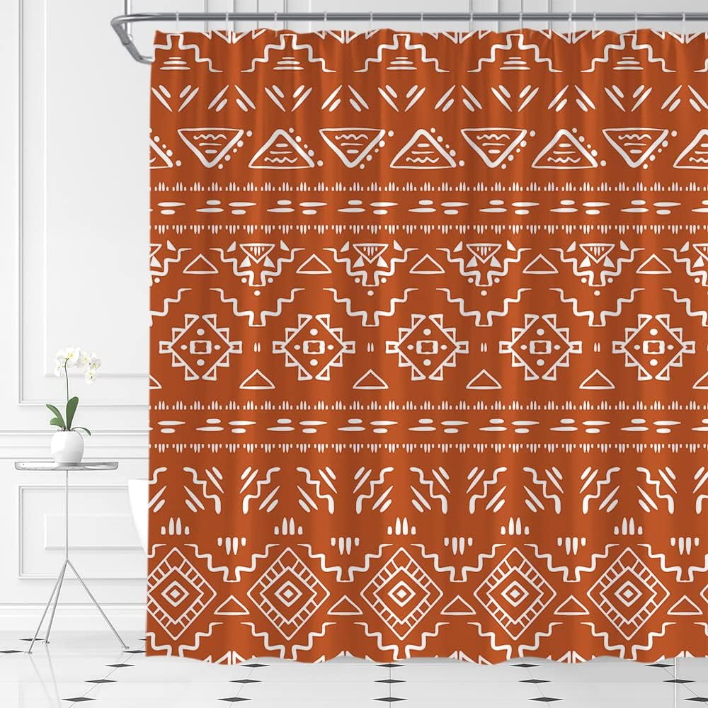 Boho Geometric Shower Curtain Orange Modern Farmhouse Tribal Retro Western Aztec Abstract Mid Century Art Fabric Bathroom Curtains Decor Set with Hook(72" WX72 H)