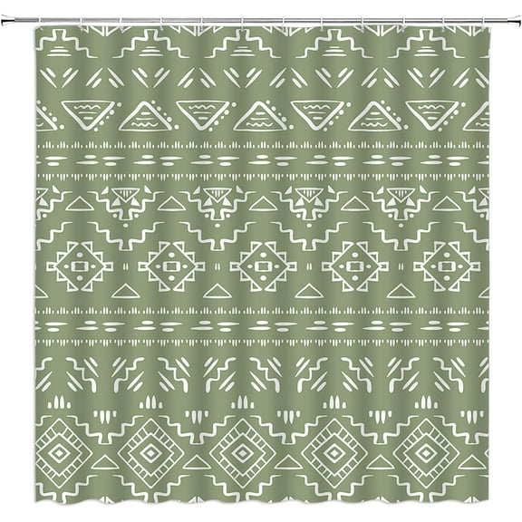 Boho Geometric Shower Curtain Sage Green Modern Farmhouse Tribal Retro Western Aztec Abstract Mid Century Art Fabric Bathroom Curtains Decor Set with Hook(36" WX70 H)