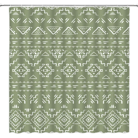 Boho Geometric Shower Curtain Sage Green Modern Farmhouse Tribal Retro Western Aztec Abstract Mid Century Art Fabric Bathroom Curtains Decor Set with Hook(72" WX72 H)