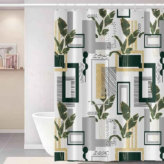 Boho Geometric Shower Curtain Set with Hooks Green Gold Tropical Leaves Shower Curtains for Bathroom Minimalist Plaid Fabric Waterproof Shower Curtain 72x72inches