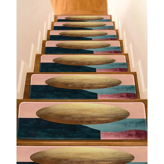 Boho Geometric Stair Treads for Wooden Steps Indoor Runner Rug Carpet, Modern Abstract Gold Circle Art 4 Pieces Peel and Stick Staircase Step Treads Covers Washable Throw Door Mats, 30"x8"