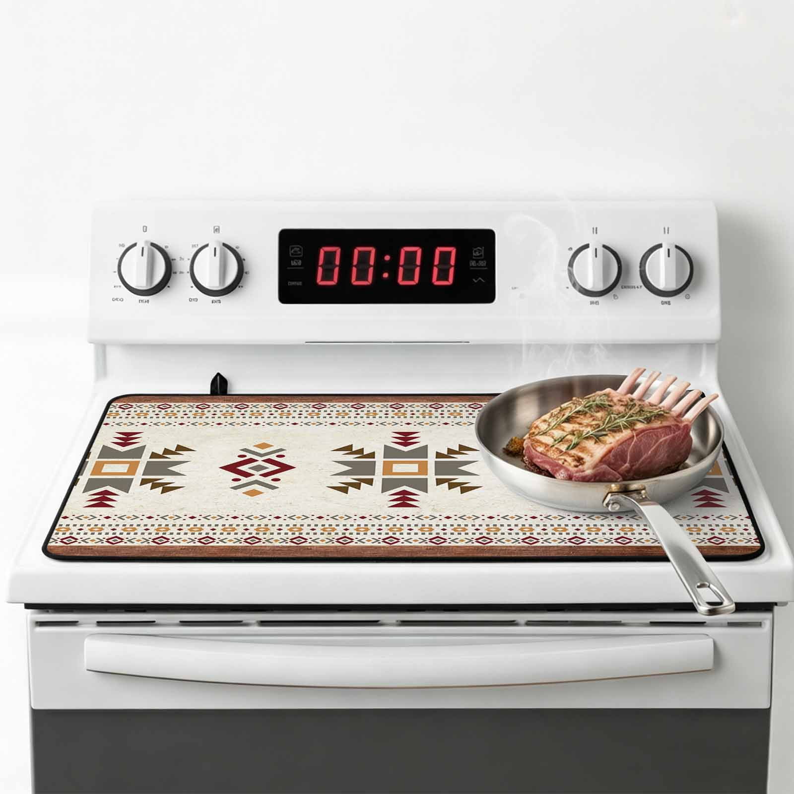 Boho Geometric Stove Top Cover for Electric Stove, Heat-proof & Non Slip Glass Top Stove Cover Protector, Modern Brown Abstract Art Western Southwest Kitchen Flat Cooktop Rubber Mat 24x21 Inches