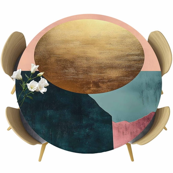 Boho Geometric Table Cloth, Round Fitted Tablecloths with Elastic Edge, Modern Abstract Gold Circle Art Wipeable Waterproof Table Cover for Kitchen Wedding 55-60 Inches