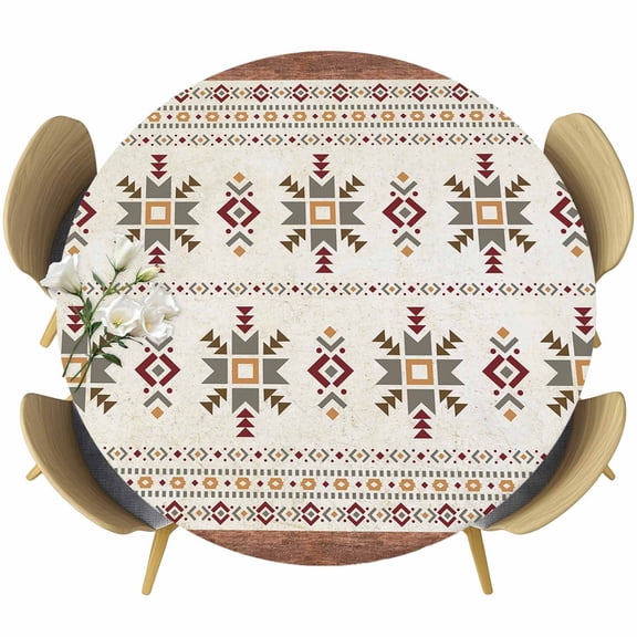 Boho Geometric Table Cloth, Round Fitted Tablecloths with Elastic Edge, Modern Brown Abstract Art Western Southwest Wipeable Waterproof Table Cover for Kitchen Wedding 36-44 Inches