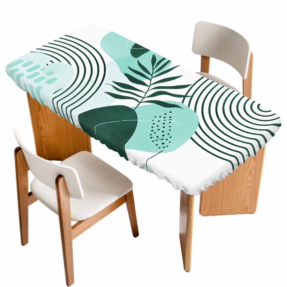 Boho Geometric Table Cloths for 5 Foot Rectangle Tables, Aqua Ethnic Abstract Stripes Leaves Patio Waterproof Elastic Fitted Tablecloths, Washable Rectangular Table Cover for Camping