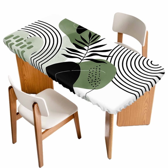 Boho Geometric Table Cloths for 6 Foot Rectangle Tables, Green Ethnic Abstract Stripes Motifs Patio Waterproof Elastic Fitted Tablecloths, Washable Rectangular Table Cover for Camping
