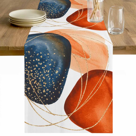 Boho Geometric Table Runner 108 Inches Long Farmhouse Dress Scarves, Orange Blue Abstract Patterned Gold Stripes Dining Tablerunner for Coffee Table/Kitchen Island/Party Décor, 13" x 108"