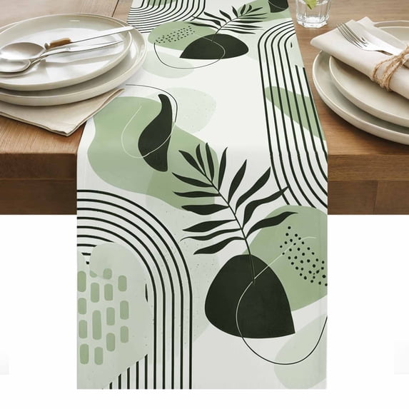 Boho Geometric Table Runner - 120 Inch Long, Kitchen Dining Table Runner Dresser Scarves, Farmhouse Green Abstract Stripes Leaves Farmhouse Decor for Coffee Tables Wedding Party Banquet