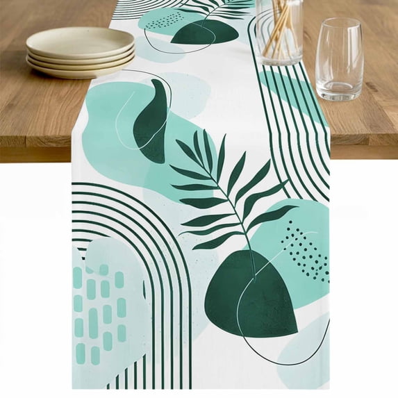 Boho Geometric Table Runner - 60 Inch Long Aqua Ethnic Abstract Stripes Leaves Cotton and Linen Blended Dress Scarves Farmhouse Table Runner for Kitchen Dining, Coffee Table, 13" x 60"