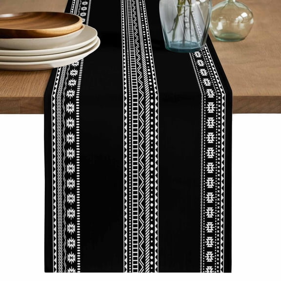Boho Geometric Table Runner, Bohemian Abstract Art Tribal Black Cotton Linen Kitchen Table Decoration Washable Dining Tabletop Runners for Home Party Decor 13x120 Inches