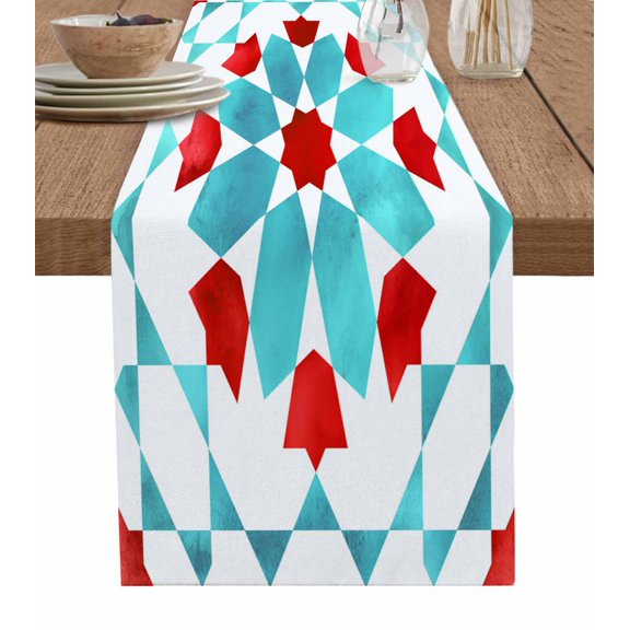 Boho Geometric Table Runner Cotton Linen 108 Inch Holiday Dresser Scarves, Turquoise Red Ethnic Tribal Abstract Pattern Tablerunner for Kitchen Coffee Dining Bedroom Dinner Scarf Décor 13''x108''