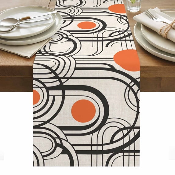 Boho Geometric Table Runner Modern Abstract Orange Sun on Linen ...