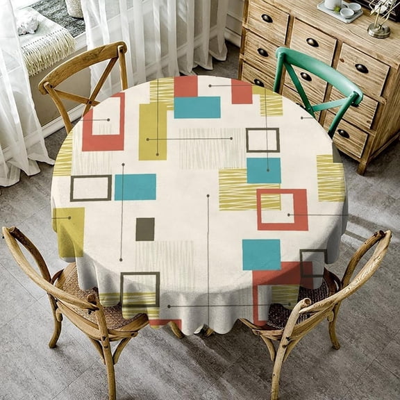 Boho Geometric Tablecloth, Mid Century Modern Retro Minimalism Colorful Print Pattern Table Cloth for Dining Room Party Outdoor Picnic Round(60x60in)