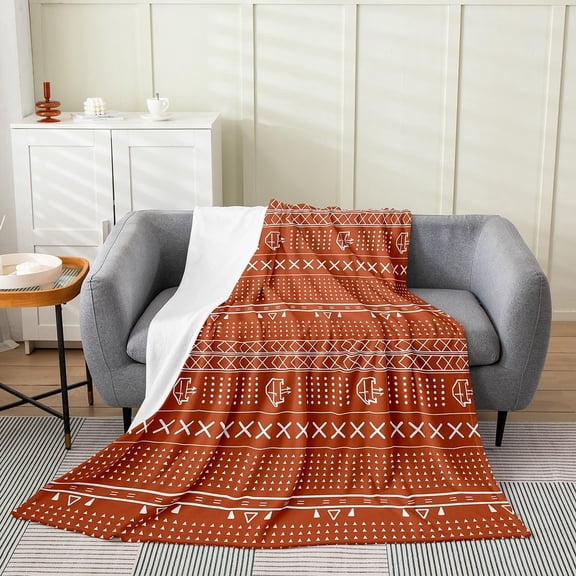Boho Geometric Throw Blanket For Couch Rust Orange And White Tribal Pattern Bed Blanket