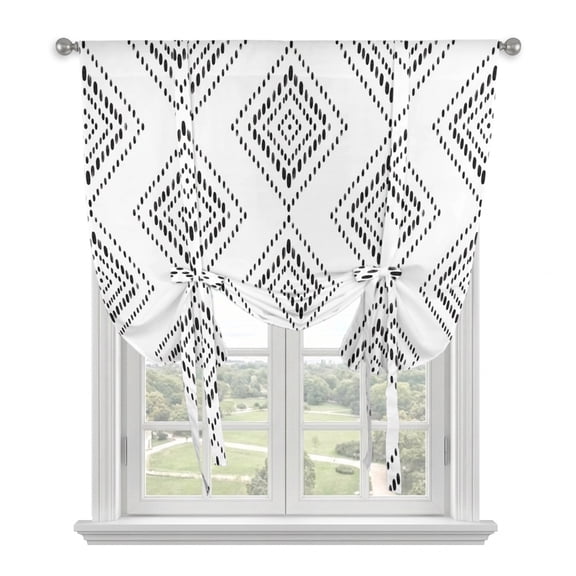 Boho Geometric Tie Up Curtains 45 Inches Long, Kitchen Window Curtains Over Sink, Black White Southwest Abstract Motifs Small Window Curtains Shade Balloon Curtains Valances for Bedroom/Cafe 34"x45"