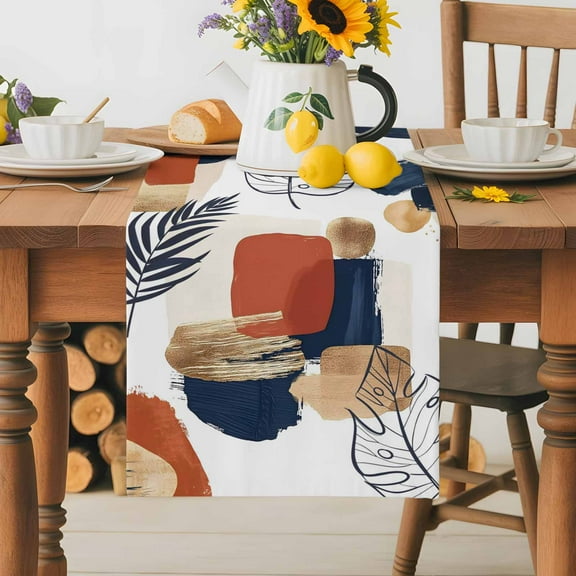 Boho Geometric Tropical Palm Leaf Table Runner Dresser Scarf,Kitchen Dining Table Decoration Mid Century Abstract Linen Table Runners for Home Wedding Indoor Outdoor Party,13x70in