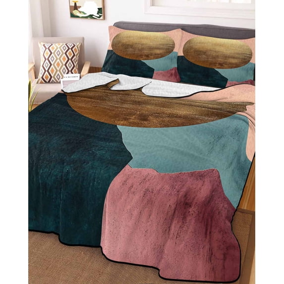 Boho Geometric Twin XL Size Down Alternative Comforter, Lightweight Comforter Quilt Bedding Set with Pillow Shams Modern Abstract Gold Circle Art All Seasons Bed Comforter Duvet Insert 68"x98"
