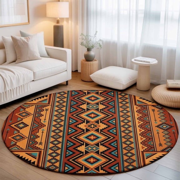 Boho Geometric Washable Round Area Rug 3 ft, Retro Tribal Ethnic Grid Brown Orange Aztec, Soft Non Slip Rugs Stain Repellent Indoor Felt Carpet for Living Dining Room Bedroom Home Office