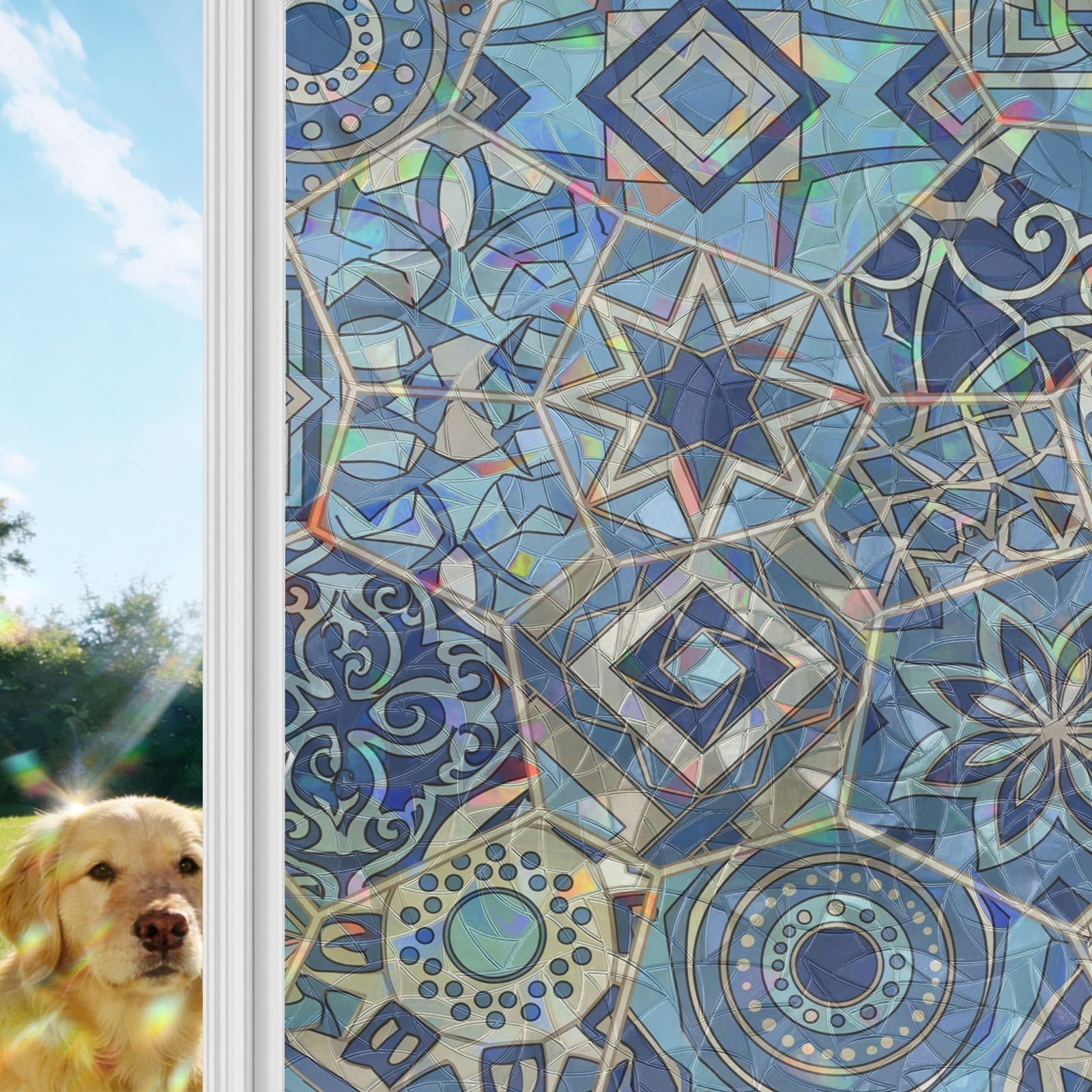 Boho Geometric Window Privacy Film Stain Glass,Reusable Decorative Rainbow Window Film,Country Tribe Abstract Ethnic Aesthetic Static Cling Sun Blocking Stickers Decals Covers 23.6" x 78.7" (2pcs)