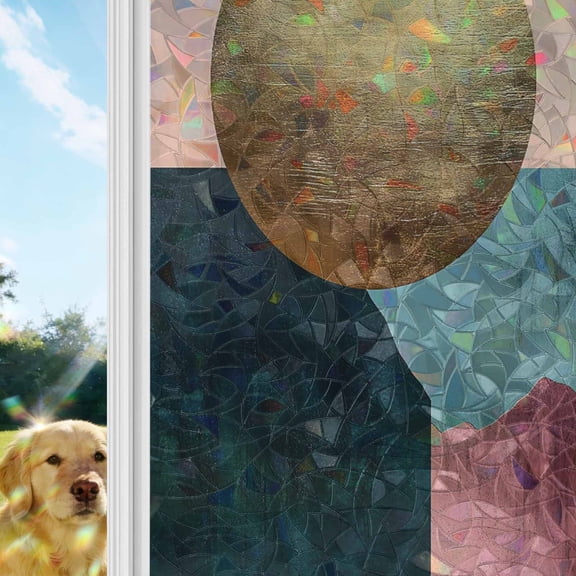 Boho Geometric Window Privacy Film Stain Glass,Reusable Decorative Rainbow Window Film,Modern Abstract Gold Circle Art Static Cling Sun Blocking Stickers Decals Covers 29.5" x 118" (2pcs)