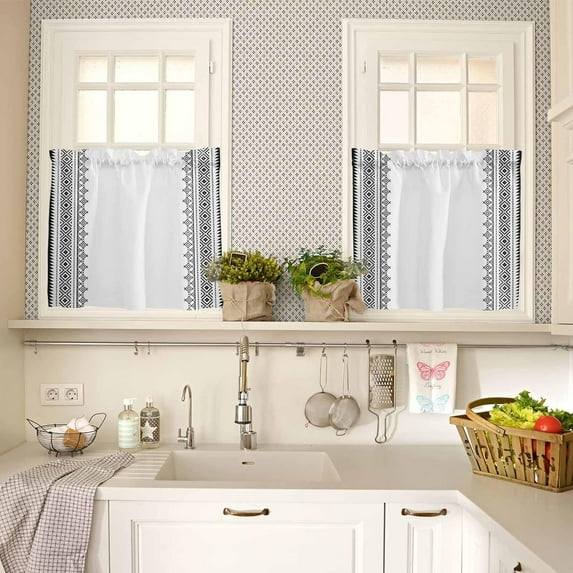 Boho Geometric Window Tier Curtains 36 Inch Length, Abstract Vintage Rustic Stripes Rod Pocket Window Treatment Kitchen Drapes for Bedroom, Cafe, Living Room, 2 Panels, 27.5 W x 36 L