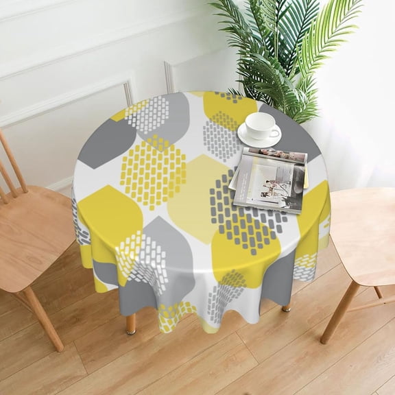 Boho Geometry Round Tablecloth 60 Inch Yellow Gray Autumn Leaves Table Cloth Modern Abstract Art Farmhouse Polyester Cover Outdoor Decorative Indoor Kitchen Dining Party