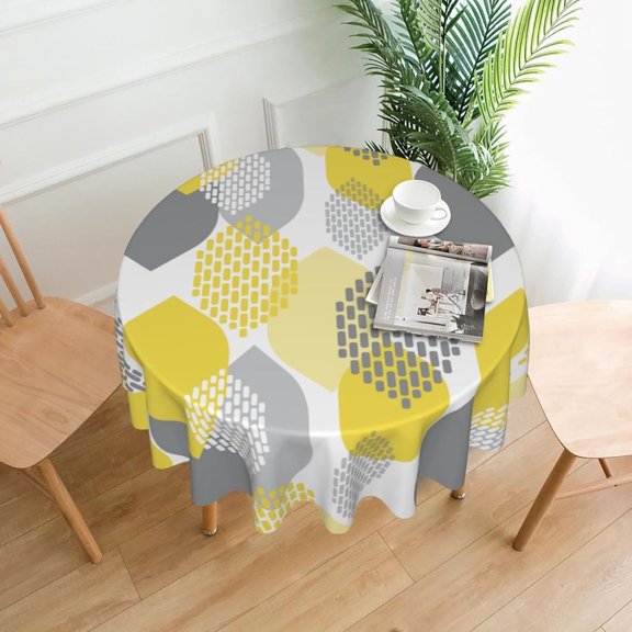 Boho Geometry Round Tablecloth 60 Inch Yellow Gray Autumn Leaves Table Cloth Modern Abstract Art Farmhouse Polyester Cover Outdoor Decorative Indoor Kitchen Dining Party