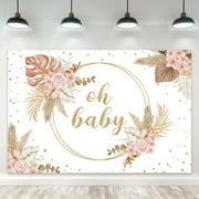 Boho Girl Oh Baby Backdrop Baby Shower Baptism Pink Bohemian Pampas Floral Polyester Fabric Grass Gold Blush Photography Background Newborn Table Decor Banner Studio Photo Shoot