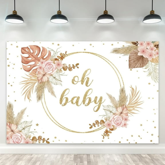 Boho Girl Oh Baby Backdrop Baby Shower Baptism Pink Bohemian Pampas Floral Polyester Fabric Grass Gold Blush Photography Background Newborn Table Decor Banner Studio Photo Shoot