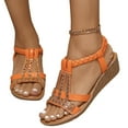 thumbnail image 1 of Boho Gladiator Sandals for Women Dressy Rhinestone Low Heel Wedge Sandals Comfort Strappy Ankle Strap Beach Shoes, 1 of 6