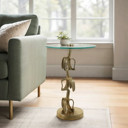 Boho Glam Glass & Aluminum Accent Table with Sculptural Banana Leaf Base Side Table for Living Room, Bedroom, or Office 22" Gold