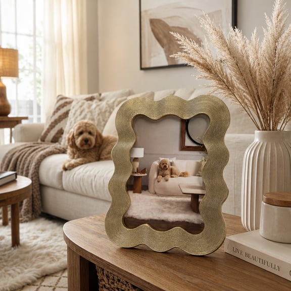 Wavy Picture Frame for Home Decor - Squiggle Photo Frame for Living Room, Bedroom, and Office Desk - Decorative Accent for Entryway Tabletop, Dorm, and Side Table - 9", Gold