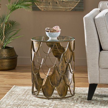 Boho Glam Tempered Glass Art Deco Side Table for Living Room, Bedroom, Entryway