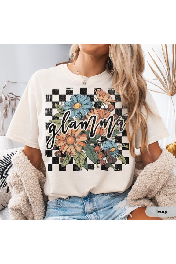 Boho Glamma Shirt Floral Checkered – Glam Grandma Tee Gift For Glamma, Trendy Retro T-Shirt For Mother’S Day Or Birthday