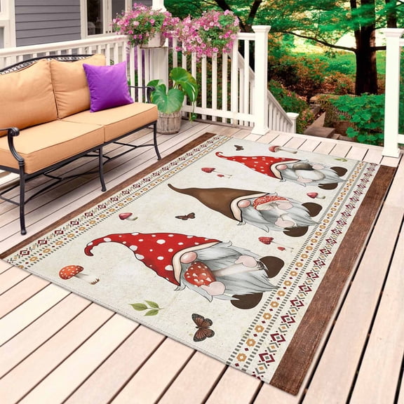 Boho Gnomes Outdoor Rug 3x5 Ft, Non Slip Washable Area Rug, Farmhouse Vintage Geometric Mushroom Brown Patio Rugs Carpet Runner, Large Floor Mat for Indoor/Outdoor Deck Porch Camping
