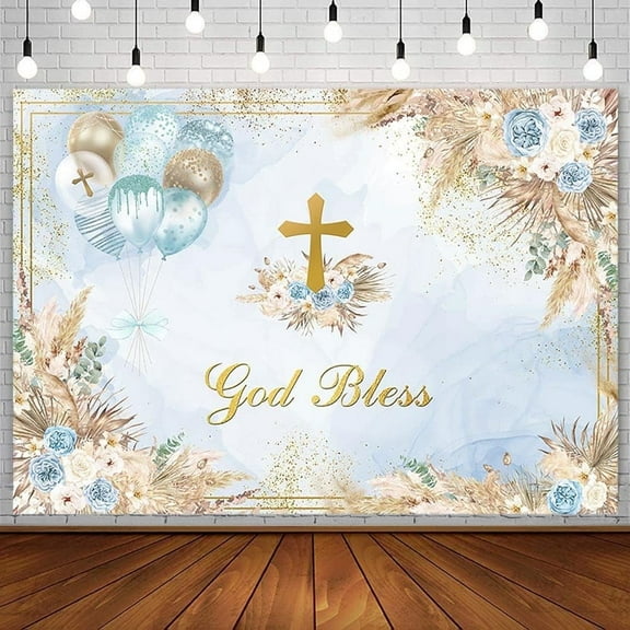Boho God Bless Baptism Backdrop for Boys Holy Communion Party Decorations Photography Background Blue Marble Floral Christening Ceremony Newborn Baby Shower Banner Photoshoot Props