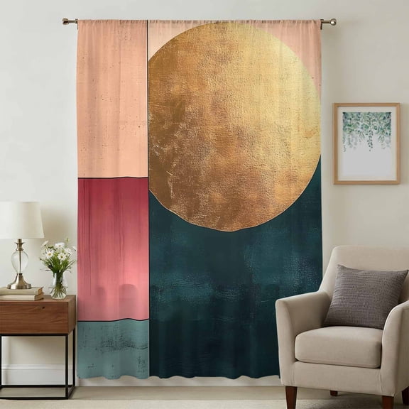 Boho Gold Circle Sheer Curtains 45 Inches Long, Modern Geometric Color Blocks Light Filering Curtains, Breathable Simi Curtain Privacy Drapes for Kitchen Bathroom Lightweight Small Window Treatment