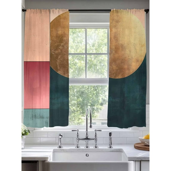 Boho Gold Circle Sheer Curtains for Living Room Bedroom Modern Geometric Color Blocks Sheer Curtains 72 Inch Long 2 Panels Set Light Filtering Curtain Window Treatments Drapes for Dining Room