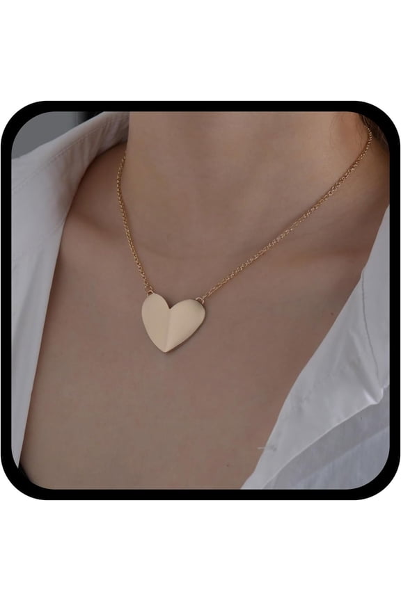 Boho Gold Heart Pendant Necklace Flat Heart Choker Necklace Large Heart Shape Necklace Minimalist Metal Matte Brushed Heart Necklace Jewelry for Women